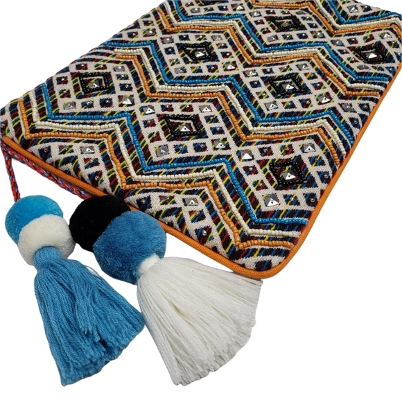 Steve Madden | Bohemian Blue Orange Embroidered Fringe Geometric Clutch Women's - Picture 3 of 9